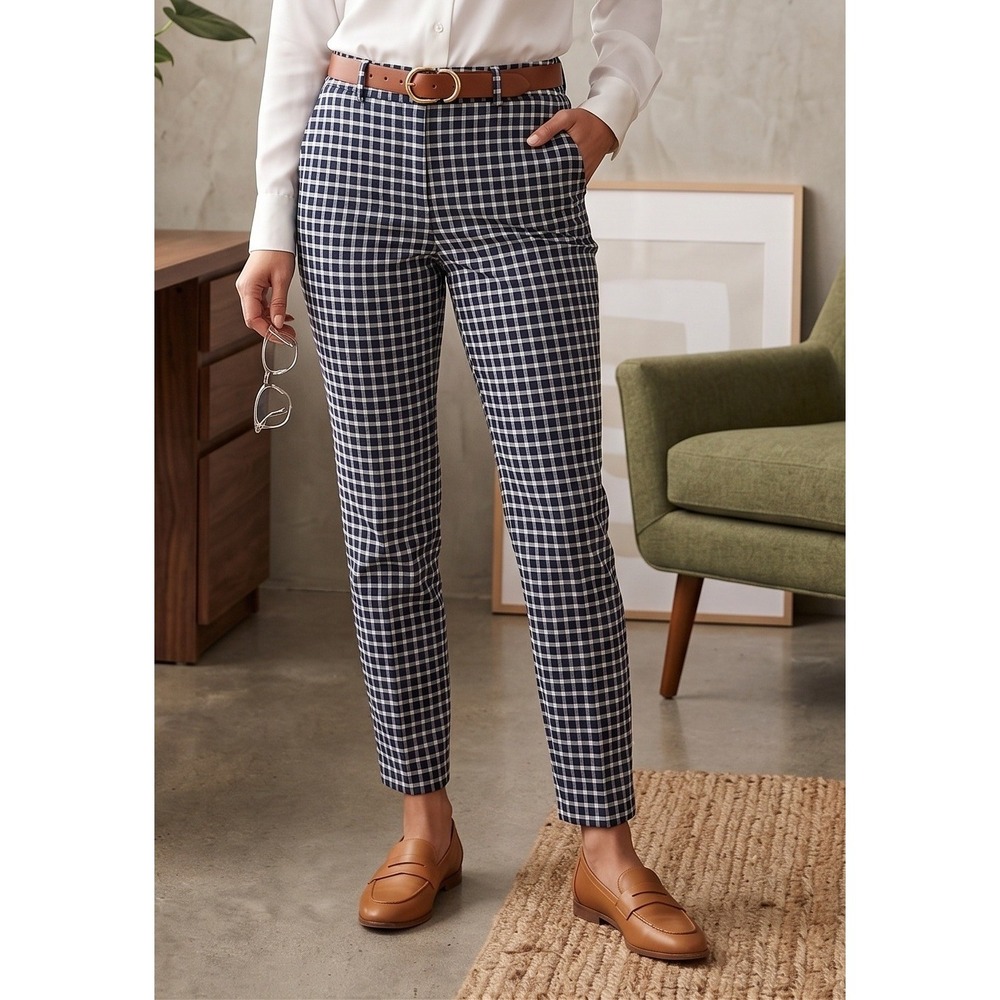 LOFT Outlet Modern Skinny Ankle Trouser Pants Women 2P Blue White Grid Check NEW